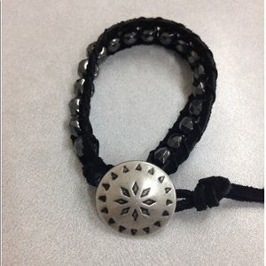 Single Wrap Suede Leather and Hematite Bead Bracelet with Button Closure
